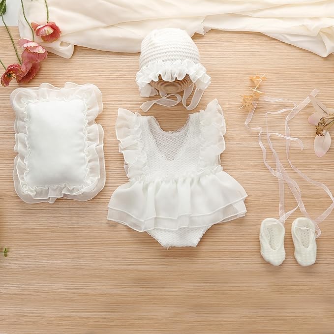 Holibeat Baby Girl 4PCS Photography Props (Romper+Pillow+Hat+Shoes) Newborn Girl Christmas Lace Photoshoot Outfits Infant Posing Props (white)