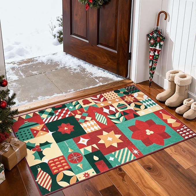 jinchan Christmas Rug 2x3 for Entryway Washable Christmas Kitchen Rug Xmas Geometric Doormat Non-Slip Soft Small Carpet Festive Red-Green Holiday Patch Decor for Front Door Bathroom Porch Bedside