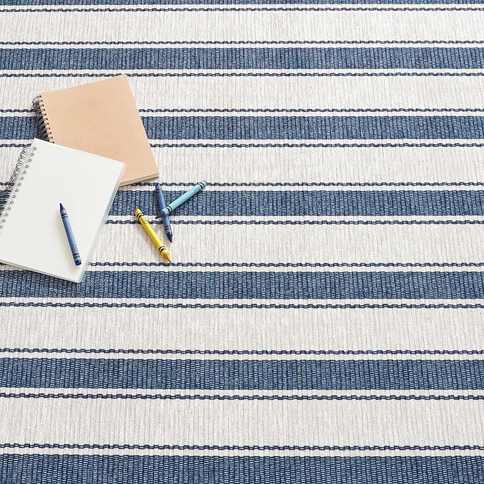 Dash & Albert Awning Stripe Blue Machine Washable Rug, 2.5 X 8 Feet, Blue Stripe Pattern