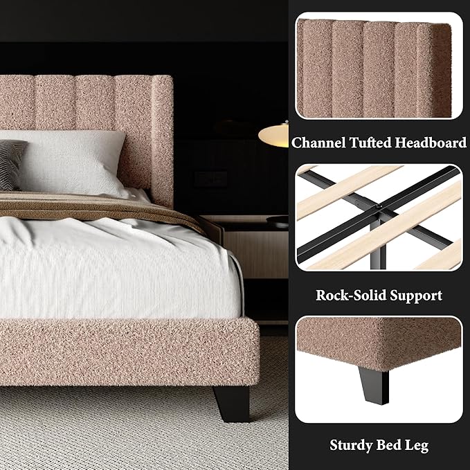 King Bed Frame with Headboard Upholstered Platform Bed Frame with Teddy Velvet Headboard, Wooden Slats Support/Wing Edge Design/No Box Spring Needed/Easy Assembly, Brown King