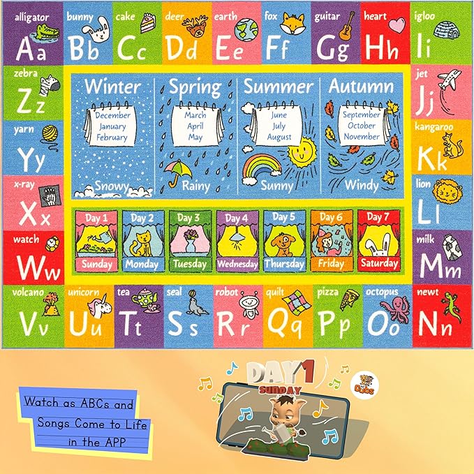 KC Cubs 8x10 ABC Alphabet, Seasons, Months & Days Rug – Educational Play Mat Carpet for Kids, Toddlers, Nursery, Classroom, Playroom, Baby Daycare