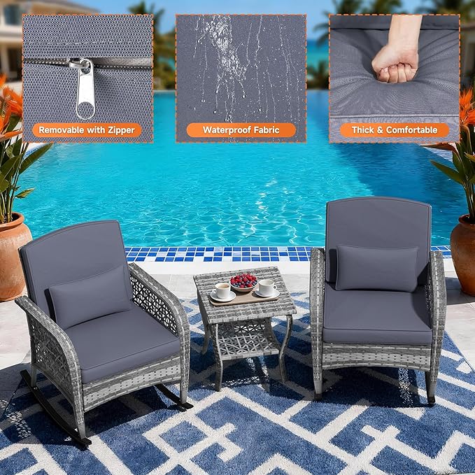 DECMICO 3-Piece Rattan Rocking Chair Set, PE Patio Bistro Furniture with Cushions & Coffee Table for Garden Backyard Porch, Dark Grey