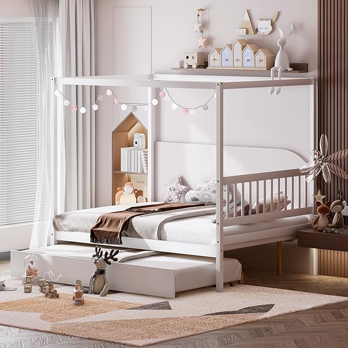 KOMFOTT Full Bed with Trundle, Solid Wood Canopy Bed Frame with Headboard, Modern Space Saving Full Bed with Twin Trundle Bed, No Box Spring Needed, Canopy Bed Frame