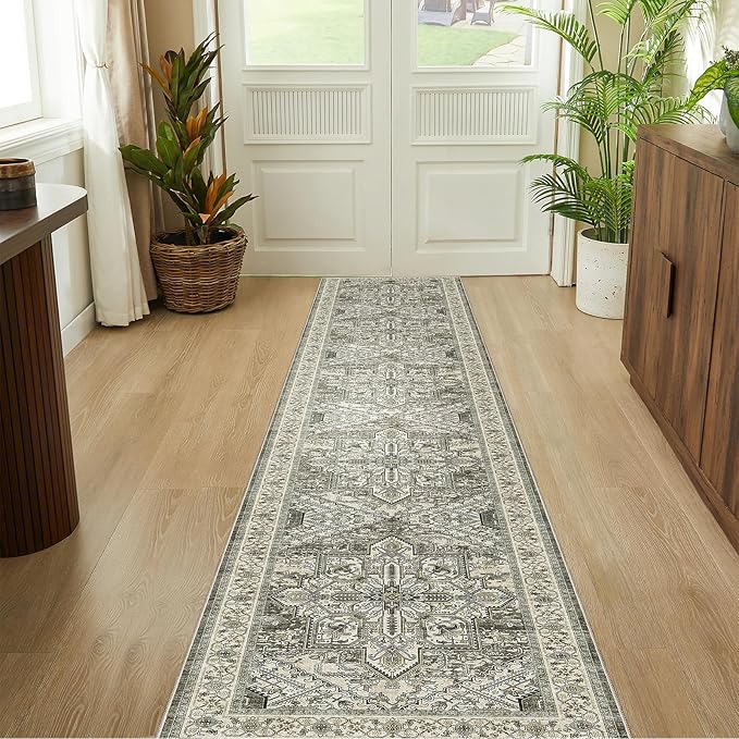 WITSHOCK Extra Long Runner Rug for Hallway 2x12: Washable Vintage Boho Low Pile Stain Resistant Foldable Carpet for Bedroom Kitchen Entryway Indoor Entrance Distressed Farmhouse Decor, Brown/Lvory