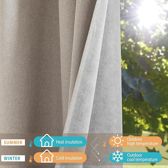 NICETOWN Natural Linen 100% Blackout Curtains 90 inches for Bedroom, Farmhouse Style Keep Warm Faux Linen Blackout Curtains with Thermal Insulated Liners for Dining Room, 2 Panels, 52" W, Drapes