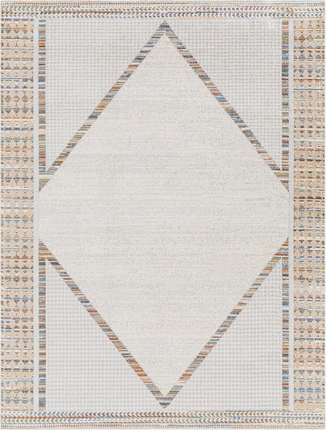 Mark&Day Washable Rugs, 7ft Round El Dorado Global Beige Area Rug, Oatmeal Gray Dark Blue Carpet for Living Room, Bedroom or Kitchen (6'7" Round,Machine Washable)