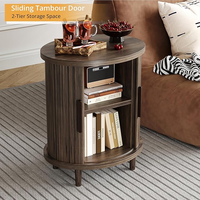 20 Inch Round Side Table,Wood Fluted End Table with Storage, Mid Century Modern Night Stand for Bedroom, Living Room and Apartment