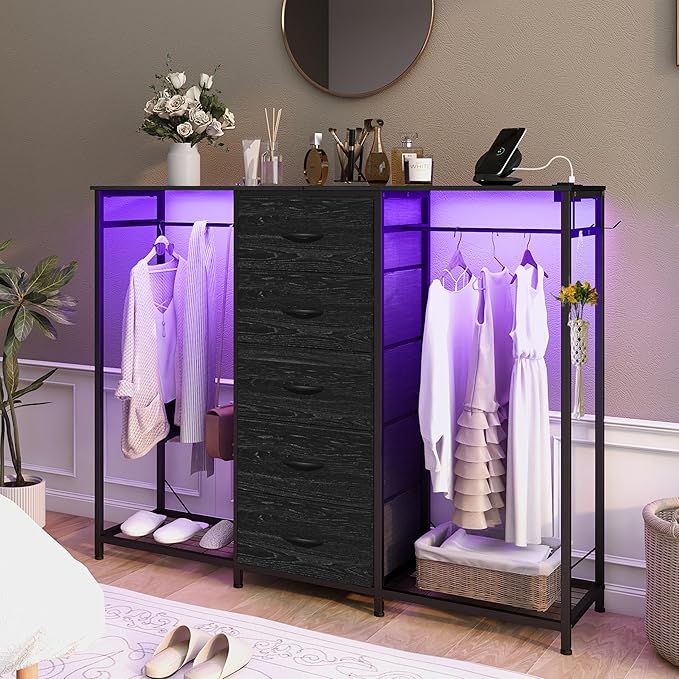Dresser for Bedroom with Clothes Rack 5 Drawer Dresser with Charging Station LED Lights White Chest of Drawers Flexible Shelf and Open Storage Space for Bedroom Living Room (Charcoal Black)