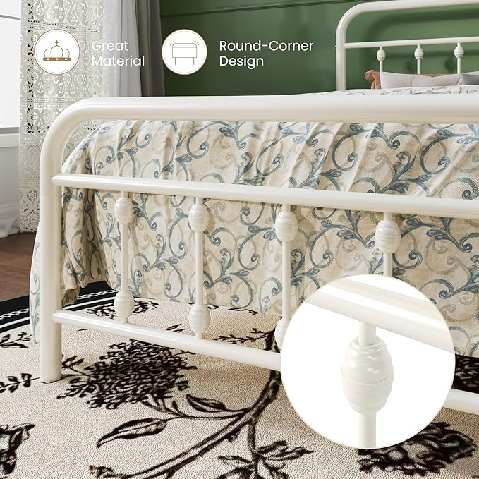 SHA CERLIN King Size Metal Platform Bed Frame with Victorian Style Iron-Art Headboard and Footboard, Easy Assembly, Under Bed Storage, No Box Spring Required, White