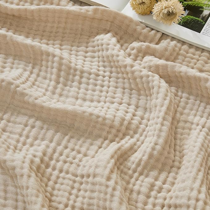 EMME Cotton Muslin Twin XL Blanket Breathable Gauze Soft Lightweight Blankets Adults Gifts for Women (Beige, 66"x90")