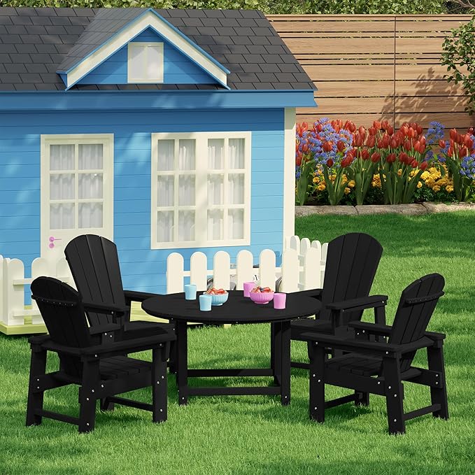 Costaelm Paradise Kids 5-Piece HDPE Outdoor Patio Round Dining Table and Chairs Set, Black