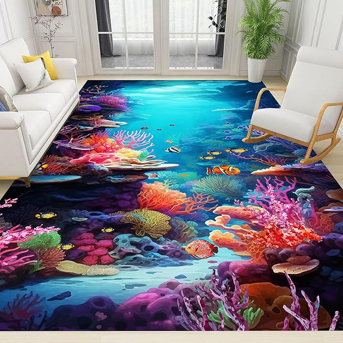 Under The Sea Area Rug, 5x8ft, Underwater World Coral Carpets for Bedroom, Marine Animal Tropical Fish Non-Slip Carpet, Low Pile Thin Absorbent Machine Washable Rugs for Living Room