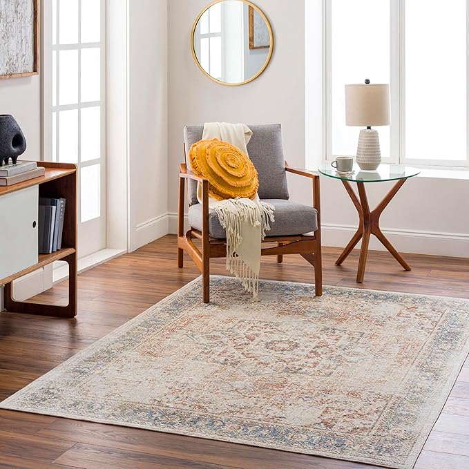 Mark&Day Washable Rugs, 7ft Round Elkton Traditional Burnt Orange Area Rug, Oatmeal Gray Brown Carpet for Living Room, Bedroom or Kitchen (6'7" Round,Machine Washable)