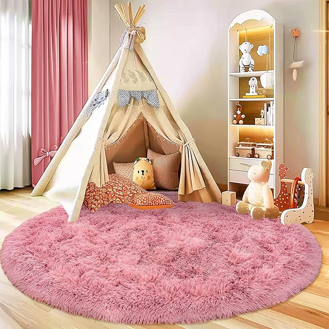 Fluffy Rug 5ft Round Blush Super Soft Area Rugs for Kids Room