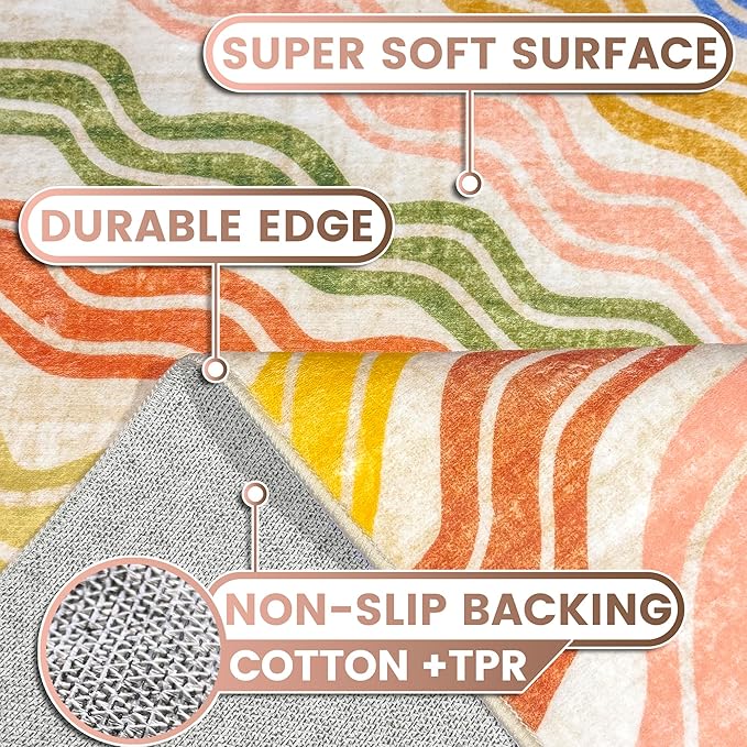 Washable 5x7 Sun Area Rug for Living Room, Rainbow Sun Modern Retro Large Area Rugs, Ultra Thin Low Pile Lightweight Soft Indoor Floor Carpet with Non-Slip Backing for Bedroom Kids Nursery Play Room