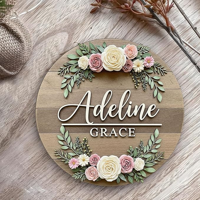 Custom Floral Wooden Name Sign for Girls – Personalized Wooden Name Sign with Roses and Leaves, Newborn Keepsake Gift, Nursery Room Wall Decor