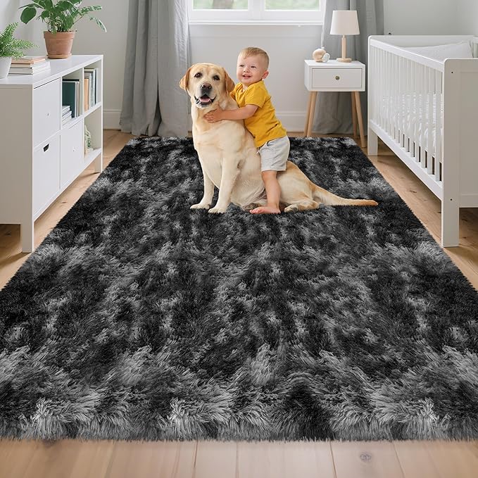 Soft Fluffy Plush Area Rug for Bedroom Living Room, 5x8 Tie-Dyed Grey and Black Fuzzy Shag Carpet Indoor Modern Shaggy Rug for Kids Room Boys Girls Dorm Nursery Home
