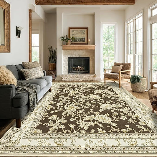 Brown Floral Print Area Rugs for Bedroom Living Room Boho Farmhouse Country Rustic Dining Room Carpet Soft Washable Rugs Non Slip Floor Covering for Nursery Playroom 9x12