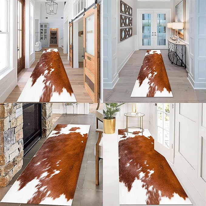 Runner Rug 2x4ft Cowhide Print White Soft Non-Slip Washable Floor Mats Wildlife Rug Hunter Lover Decorations Brown Carpet for Living Room Dining Room Hallway Entrance Rugs