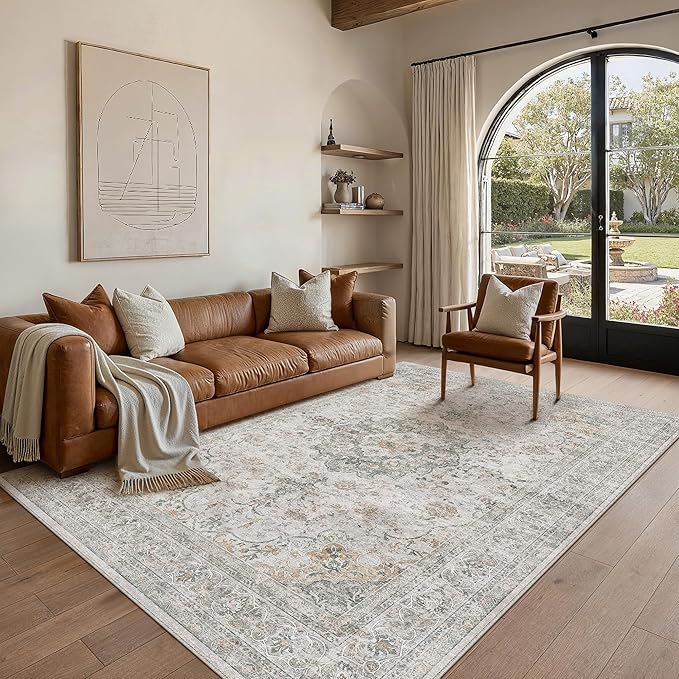 5x7 Washable Vintage Area Rug for Living Room Bedroom Soft Tranditional Non Slip Large Throw Rug Lightweight Floral Low Pile Distressed Carpet Laundry Dining Room Kitchen Office