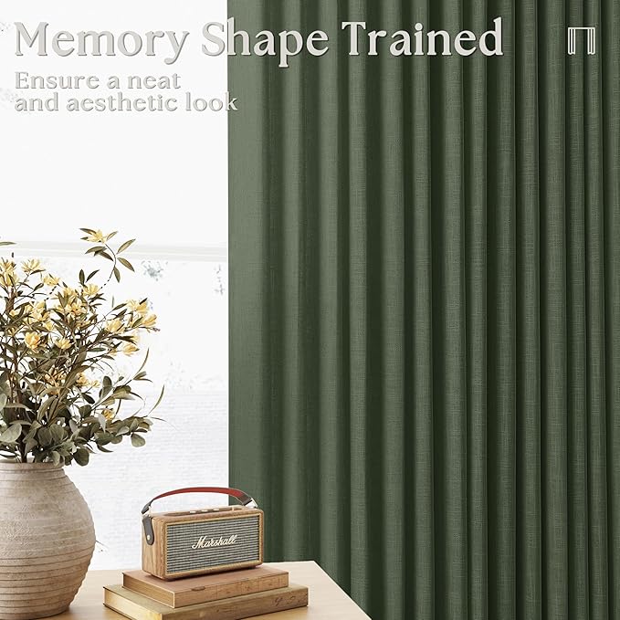 Olive Green Linen Pinch Pleated Curtains 84 Inches Long 2 Panels for Living Room Bedroom Linen Pleated Hooks Rings Back Tab Light Filtering Loden Moss Green Farmhouse Drapes 84 Inch Length