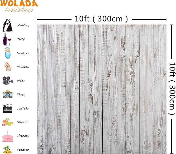 WOLADA 10x10FT Vintage Wood Backdrop Retro Rustic White Gray Wooden Floor Backdrops for Photography Kids Adult Photo Booth Video Shoot Vinyl Studio Prop 11890