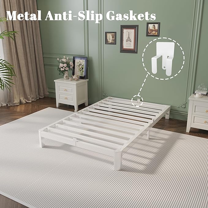 Twin Bed Frames 6 Inch, White Twin Size Bed Frame with Metal Gaskets, No Box Spring Need, Heavy Duty Steel Platform Support, Round Corner Desgin, Easy Assembly, Noiseless