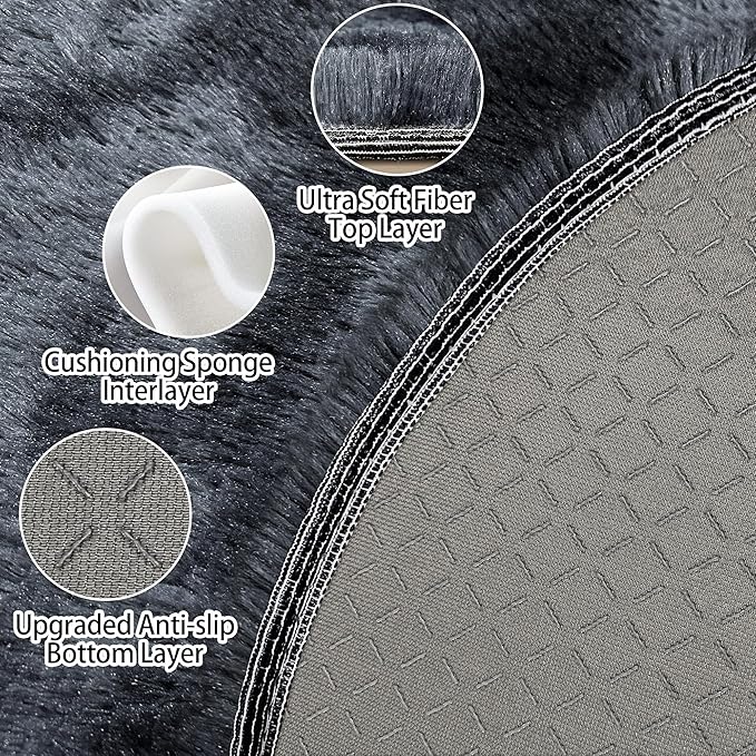 6 ft Round Fluffy Large Black Rug for bedroom,Tie Dyed Furry Round Carpet Non Slip Fuzzy Shaggy Plush Circle Big Area Rug for living room Room Nursery Room Playroom Kids Room Home Decor Washable