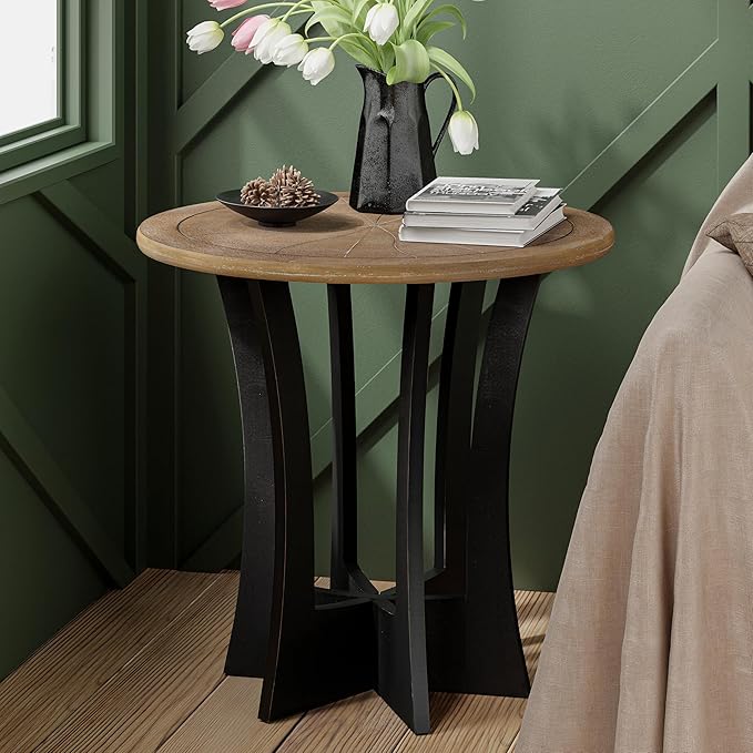 COZAYH Farmhouse Round End Table with Criss-Cross Wood Legs, Rustic French Country Side Table for Dinning or Living Room, Modern, Black, Natural Wood