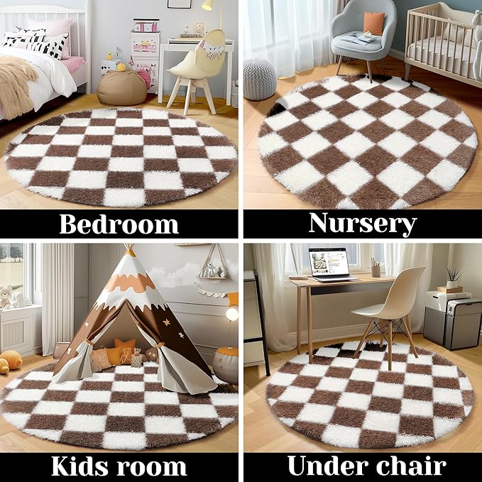 KICMOR Round Rugs 5ft Brown and Cream White Circle Area Rug, Fluffy Soft Fuzzy Shag Shaggy Bedroom Living Room Carpet, Indoor Checkered Circular Rug for Kids Boys Girls Home Decor Aesthetic, Nursery