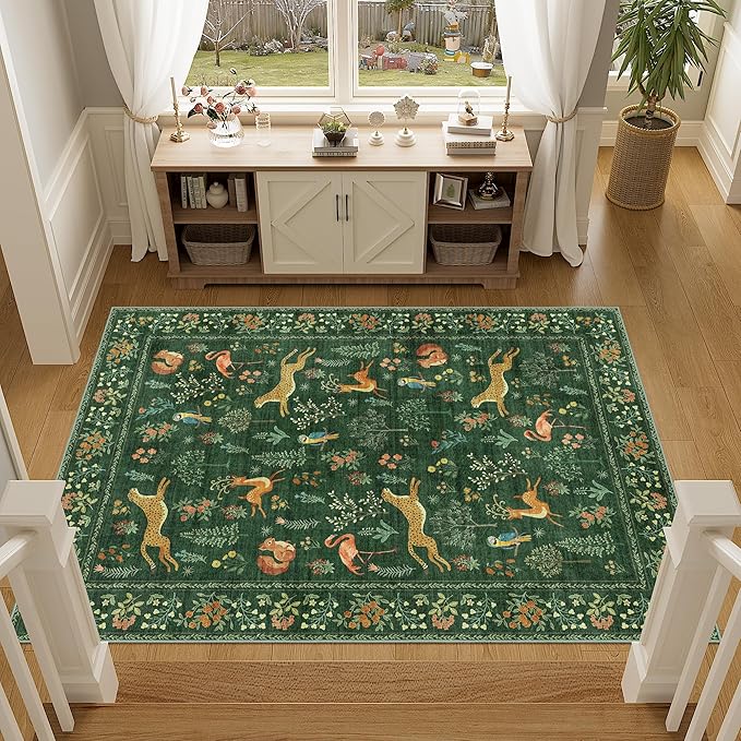 DUKINO 3x5 Rug, Washable Animal Area Rug with Non Slip Vintage Design, Indoor Soft Low Pile Carpet for Bedroom, Nursery, Dining Room, Farmhouse, Playroom, Green