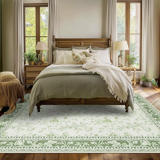 Green 4x6 Small Rug for Living Room Cream Beige and Sage Green Area Rug for Kitchen, Bedside, Dining Room, Laundry, Large Entryway Indoo Non Slip with Rubber Backing, Boho Aethestic Farmhouse D閏or