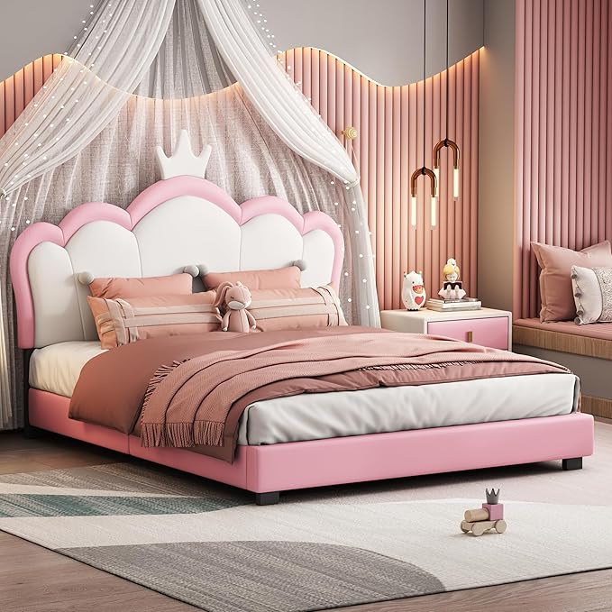 CITYLIGHT Full Size Princess Bed for Girls, PU Upholstered Platform Bed with Crown Headboard, Cute Beds Full Bed Frame for Kids, Pink+White