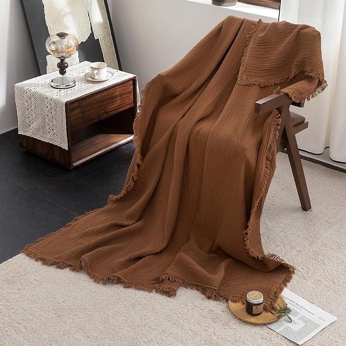 FOSSA Muslin Blanket with Fringe - 4-Layer 100% Cotton Gauze Super Soft & Breathable Throw -Lightweight Decorative Cooling Blanket for Bed, Sofa, Office -Throw XL Size 50" × 70" (Dark Orange)