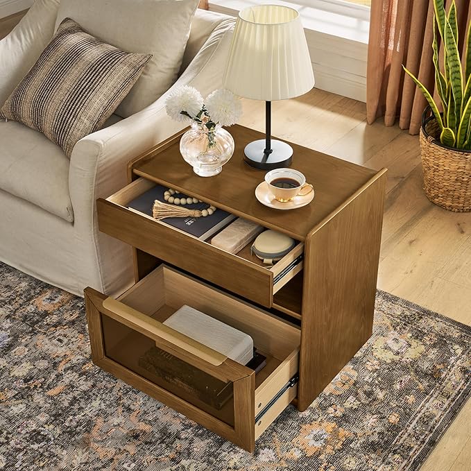 Mid Century Modern Nightstand with Charging Station, Farmhouse End Table with Outlet Hole, 2 Drawers & Open Shelf, Glass Drawer Storage End Table for Bedroom, Living Room, Dorm