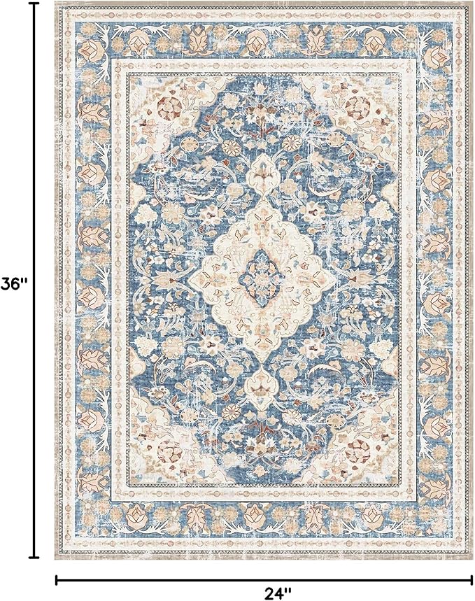 Vhong Boho Area Rugs Washable Vintage Modern Neutral Small Carpet Blue 2×3 High Traffic Rugs Doormat for Bathroom Kitchen Entryway Non Slip