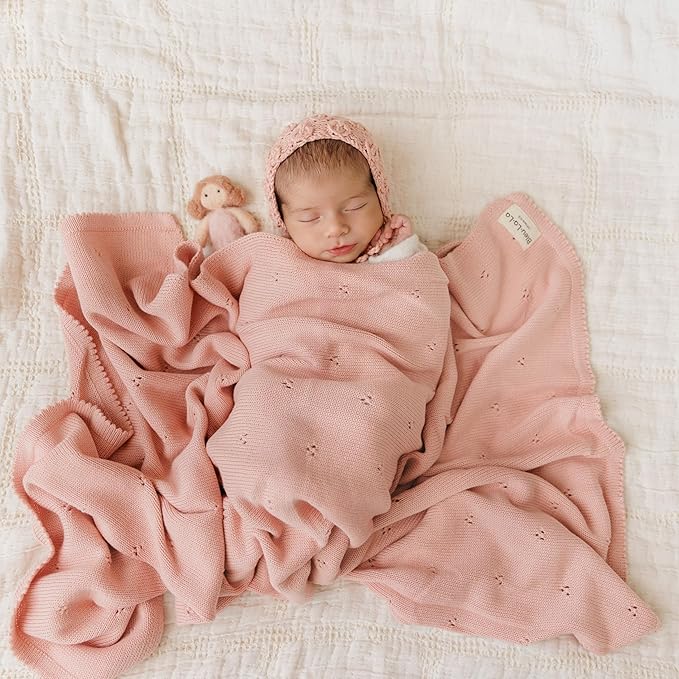 Organic Pointelle Receiving Swaddle Blanket for Girls - 100% Luxury Organic Soft Cotton Knit Warm Cozy Cuddle Stroller Blanket for Newborns, Infants, & Toddlers (Ballet Slippers)