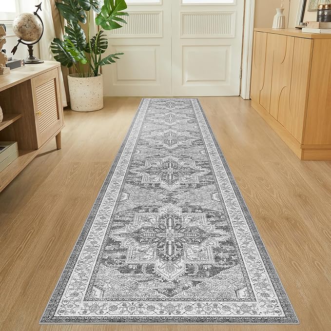 WITSHOCK Extra Long Runner Rug for Hallway 2x12: Washable Vintage Boho Low Pile Stain Resistant Foldable Carpet for Bedroom Kitchen Entryway Indoor Entrance Distressed Farmhouse Home Decor, Grey