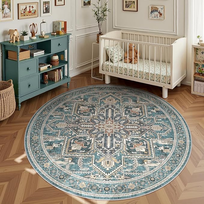WITSHOCK Round Living Room Rugs 8Ft: Washable Vintage Boho Soft Low Pile Non-Slip Stain Resistant Foldable Carpet for Bedroom Playroom Dining Room Office, Distressed Farmhouse Home Decor Rug-Dull Teal