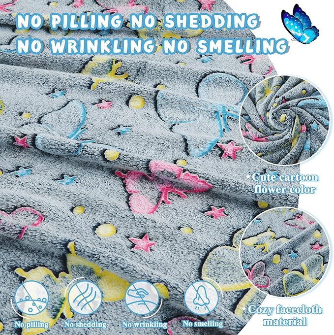 inhand Butterfly Toys for 2 3 4 5 6 7 8 9 10 Year Old Girls,Girl Birthday Gifts Glow in The Dark Blanket Soft Fleece Decorations for Kids Room（50"X60" Butterfly）