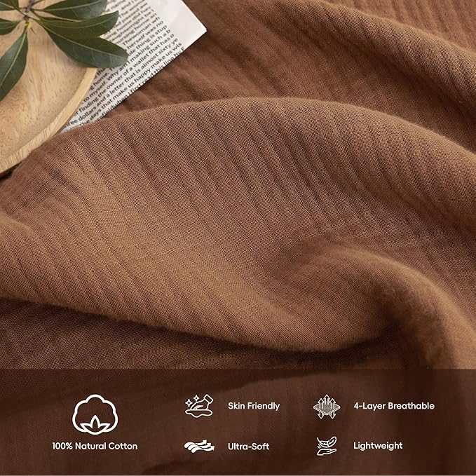 FOSSA Muslin Blanket with Fringe - 4-Layer 100% Cotton Gauze Super Soft & Breathable Throw -Lightweight Decorative Cooling Blanket for Bed, Sofa, Office (Dark Orange, King (104" × 90"))