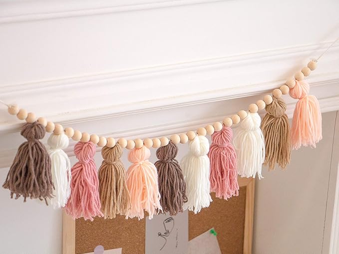 Decocove Tassel Garland - Boho Tassel Garland with Wood Beads - Wall Decor for Dorm, Girls Room and Nursery Room (36 inch) - Blush and Terra Cotta