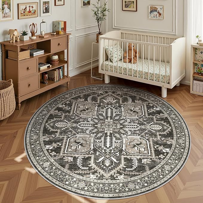 WITSHOCK Round Area Rug 8Ft: Washable Non-Slip Low Pile Large Circle Carpet, Foldable Boho Style Rug for Living Room Bedroom Dining Room Kitchen Nursery Home Office – Pet Kid Safe – Bitter Black