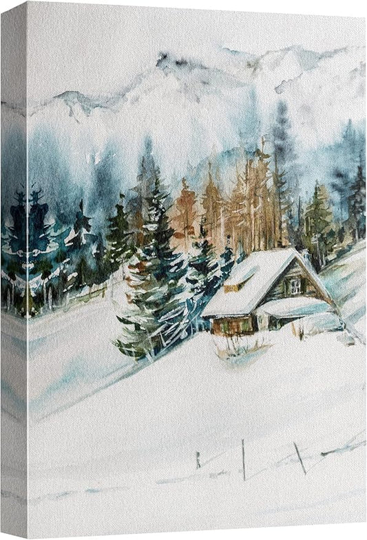 SIGNWIN Canvas Print Wall Art Woodland Nursery Decor Log Cabin Winter Snow Mountain Forest Nature Illustrations Modern Art Decorative Landscape Colorful for Living Room, Bedroom, Office - 12"x18"