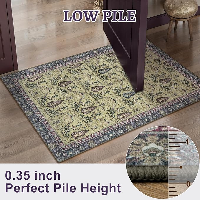 Tangsoo 5x7 Washable Area Rug for Living Room,Non Slip Vintage Boho Purple Floral Indoor Rug for Bedroom Office, Soft Low Pile Foldable Floor Rugs for Dining Room Nursery Home Decor