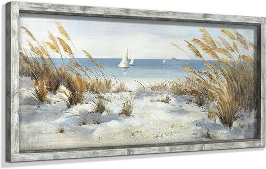 Framed Ocean Wooden Wall Art: Coastal Oil Painting Style 48"x24" Ocean Pictures Seascape Art Beach Prints Artwork for Office