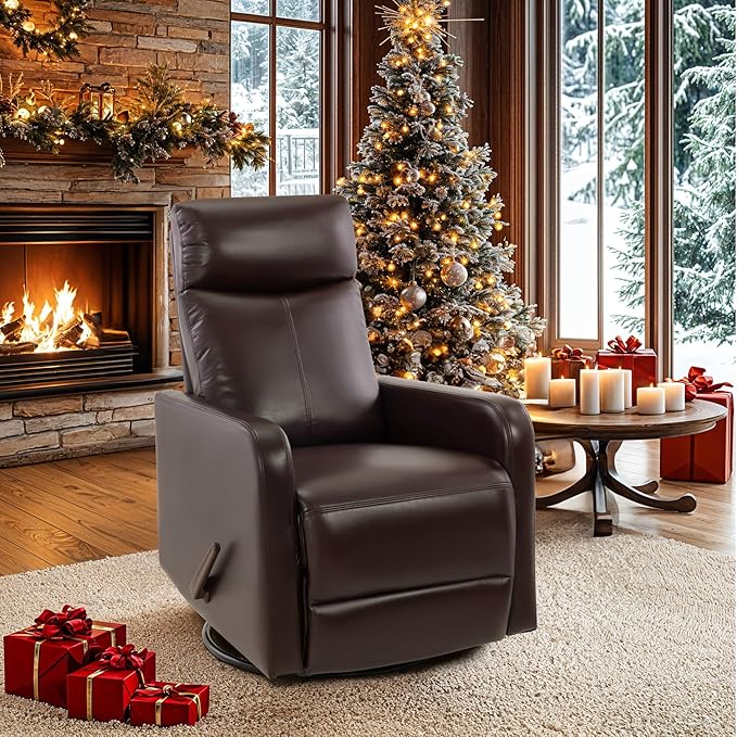 Swivel Rocking Recliner Chair for Small Space, Manual Swivel Glider Recliner for Nursery,RV,Rocking Recliner with Footrest and Side Pocket,Breathable Leather,Dark Brown