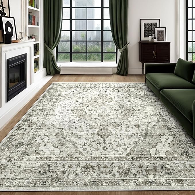 Deerly Washable Rugs 8x10 Area Rug Large Rugs for Living Room - Boho Large Vintage Non-Slip Distressed Carpet Aesthetic Print Floor Rug Cream