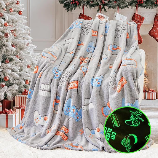 inhand Glow in The Dark Blanket Gamer Gifts for Boys Controller Kids Throw Gaming Blanket Gamer Toys for Kids Boys Game Gamepad Presents Birthday Easter Halloween （Grey 50"x60"）
