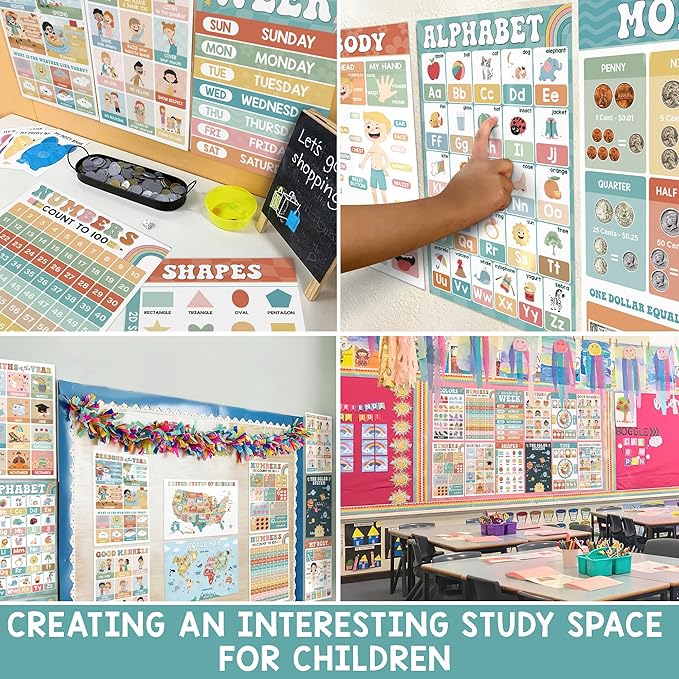 BEAWART 16 Boho Groovy Educational Posters - Alphabet ABC Poster, World Map - Laminated Learning Poster Charts for Classroom Decor - Homeschool and Classroom Wall Decoration